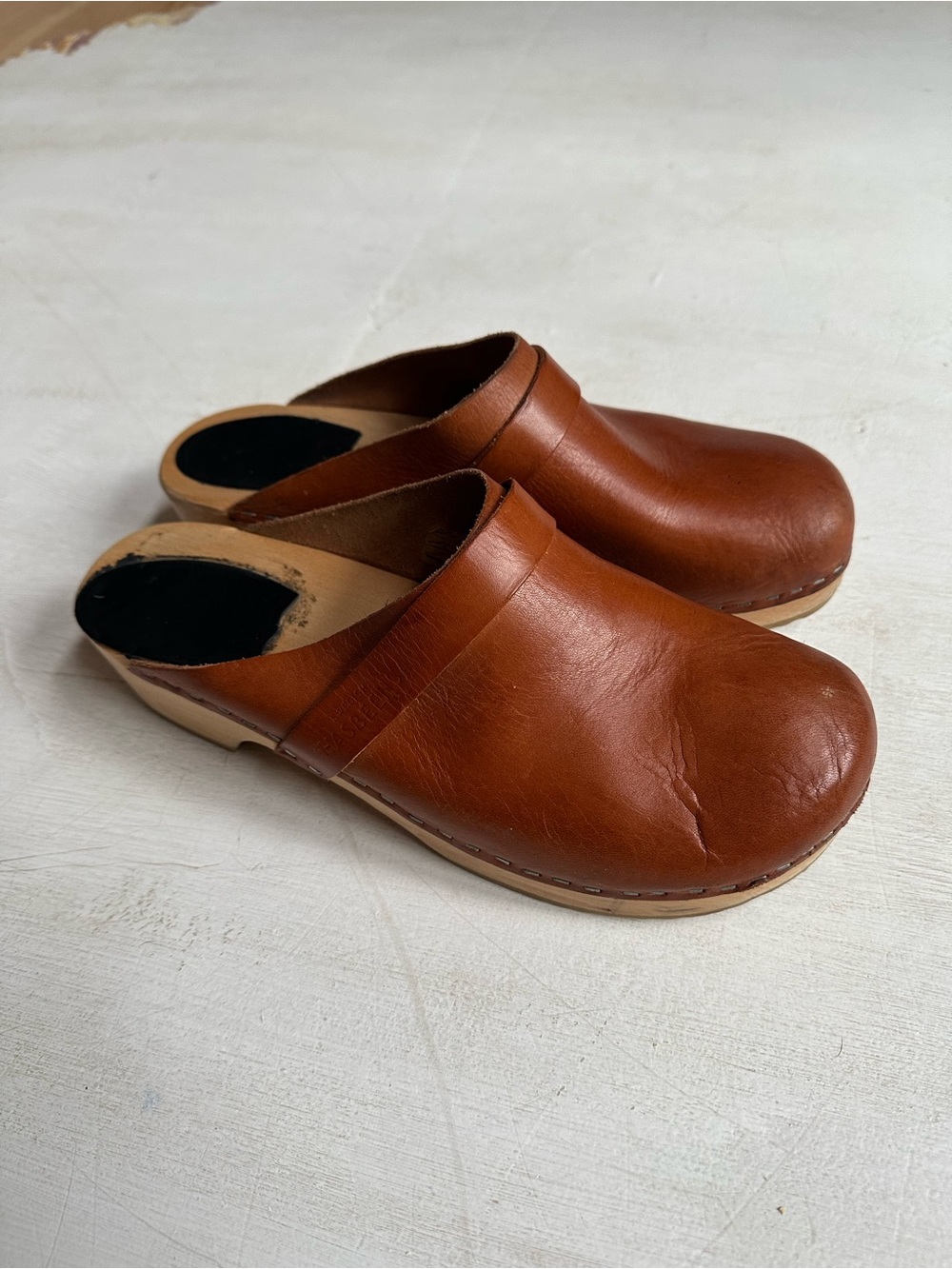 Swedish Hasbeens Brown Leather Clogs